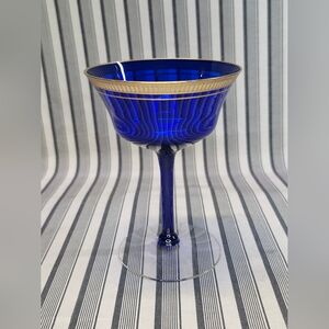 Vintage Cobalt Blue Champagne Coupe Glass Gold Leaf Trim Elegant Bar
